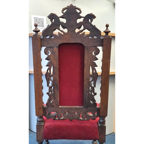 466 - Set of Six Victorian Gothic Oak Revival Dining Chairs. The tops with rampant lions over an upholster... 