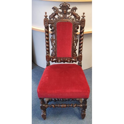 466 - Set of Six Victorian Gothic Oak Revival Dining Chairs. The tops with rampant lions over an upholster... 