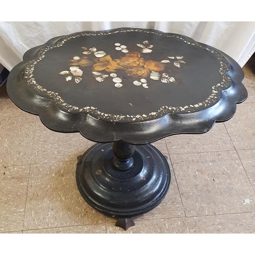 473 - Victorian Lacquerware Tilt Top Occasional Table. The oval top with scalloped rim and hand painted fl... 