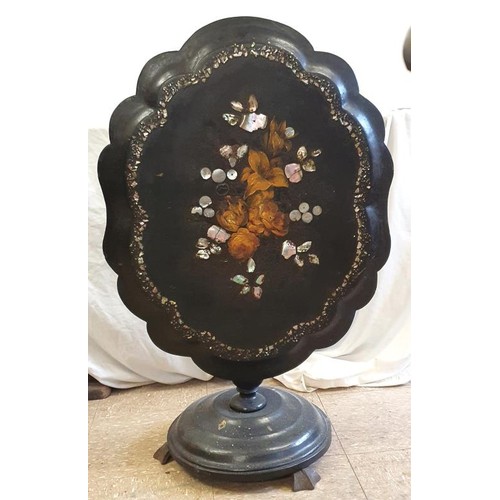 473 - Victorian Lacquerware Tilt Top Occasional Table. The oval top with scalloped rim and hand painted fl... 