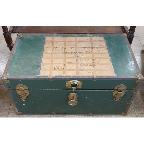 476 - Metal Bound Cabin Trunk (A/F) with labels, c.30.5in wide, 17in tall and 16in deep