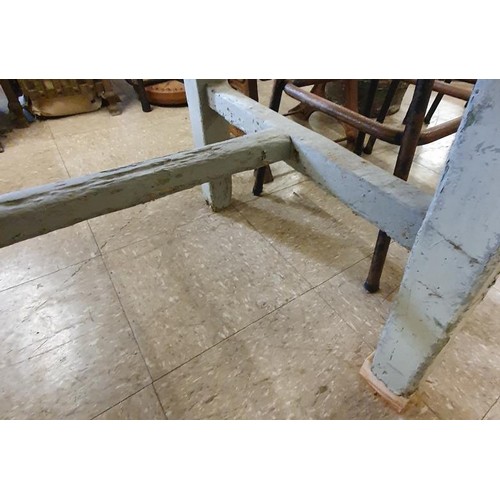 478 - 19th Century Pine Three Plank Shop Table with two canted corners above a single stretcher base. Base... 