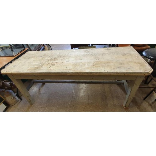 478 - 19th Century Pine Three Plank Shop Table with two canted corners above a single stretcher base. Base... 