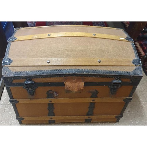 480 - Edwardian Dome Top and Wood Strapped Cabin Trunk with lift out tier, c.32in wide, 27in tall