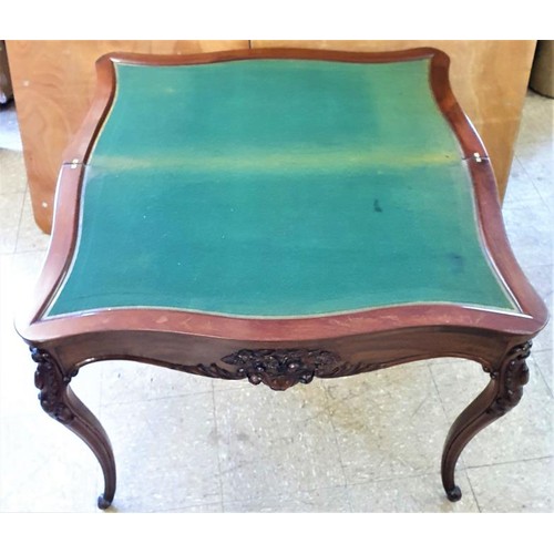 483 - Victorian French Walnut Fold Over Card Table, the serpentine top opens to a green baize playing surf... 