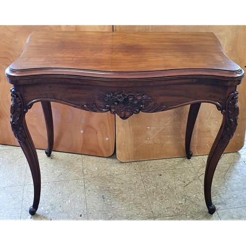 483 - Victorian French Walnut Fold Over Card Table, the serpentine top opens to a green baize playing surf... 