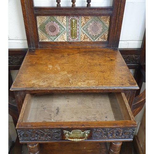 484 - Impressive Edwardian Oak and Tile Back Hallstand with glove drawer, c.38in wide, 90in tall