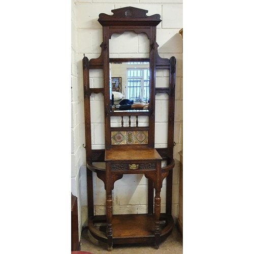 484 - Impressive Edwardian Oak and Tile Back Hallstand with glove drawer, c.38in wide, 90in tall