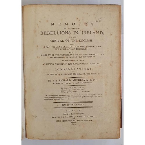 122 - Sir Richard Musgrave. Memoirs of the Different Rebellions in Ireland from the arrival of the English... 