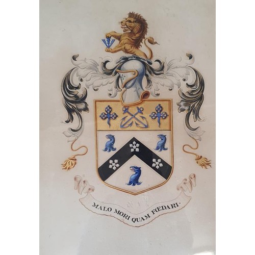 344 - Very fine water colour of Irish family Coat of Arms C.1895 with Latin inscription 