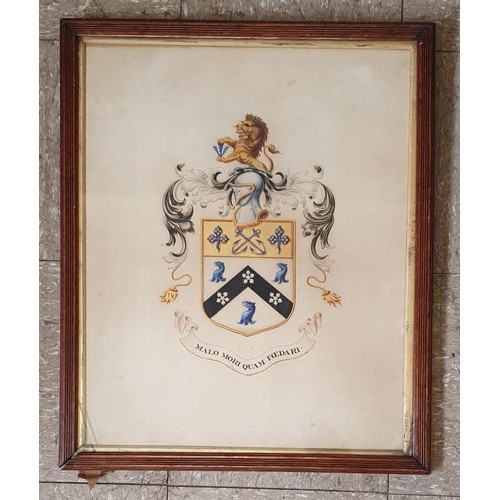 344 - Very fine water colour of Irish family Coat of Arms C.1895 with Latin inscription 