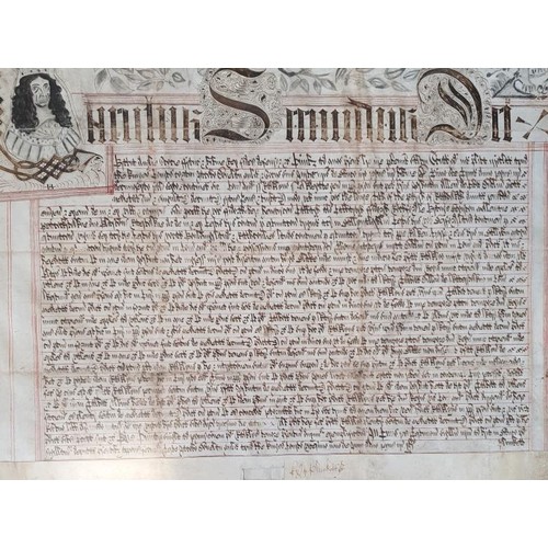 Rare Latin manuscript indenture concerning the recovery of Tithes in the parish of Rathoat, Co. Meath dated 20th June,1664. At top of indenture is an original pen & ink sketch of Charles II signed "Plunkett". Framed and glazed in a fine Hogarth frame, provenance "The Countess of Westmeath". Size 65 X 33cms.
