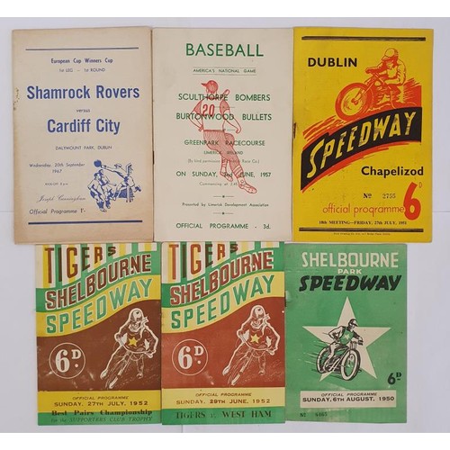 348 - Early Irish sports programmes. Shelbourne Park Speedway August 1959; June 1952; July 1952; Dublin Sp... 