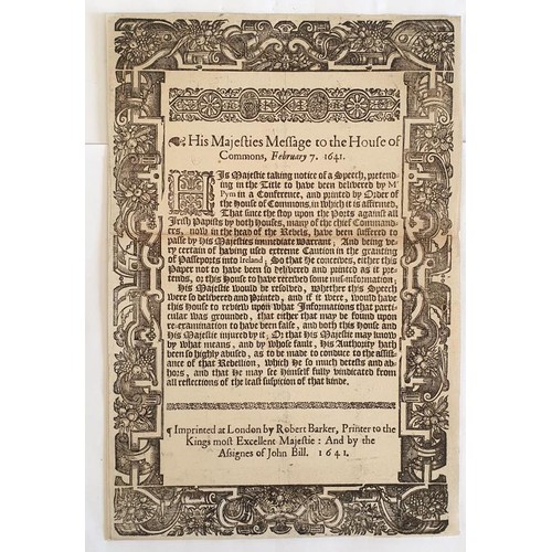 406 - Original rare broadside. cardboard mounted Charles 1. His Majesties Message to House of Commons Febr... 