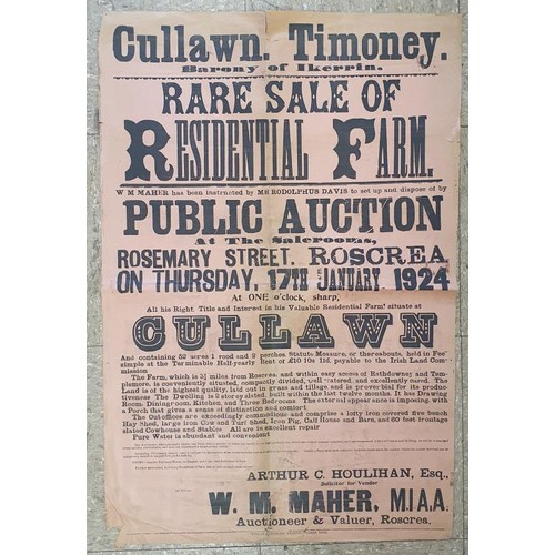 413 - Large Auction poster of residential farm at Cullawn, Timoney Roscrea; 50cmx 75cms on 17/1/1924; Wm M... 