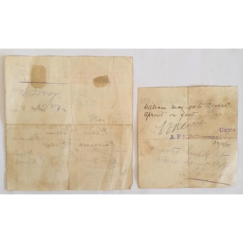 421 - [Rare South African Railway permits issued in 1901 during the Boer War]. Railway Permit for Civilian... 