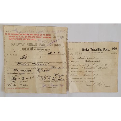 421 - [Rare South African Railway permits issued in 1901 during the Boer War]. Railway Permit for Civilian... 