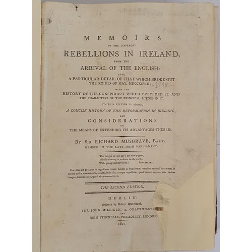 144 - Sir Richard Musgrave. Memoirs of the Different Rebellions in Ireland. Dublin. 1801. Folding maps &am... 