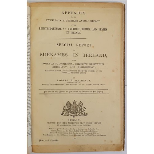 146 - Irish Interest: Special Report on Surnames in Ireland with notes as to numerical strength, derivatio... 