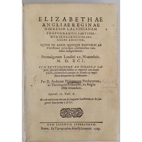 266 - [Sixteenth Century Book] Elizabethae Angliae Reginae Haeresim Calvinianam Propugnantis Saevissimum i... 