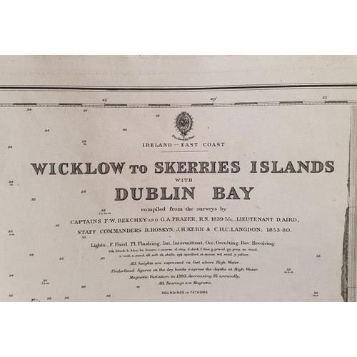 340 - Large folding map (40 X 26 inches) Wicklow to Skerries with Dublin Bay as surveyed by Cpt. Beechey e... 