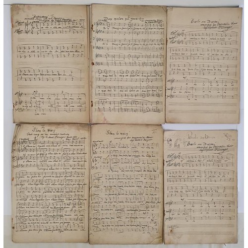 [Original Irish Manuscript Music by famous Irish composer] Dan an Molad na Gaedhilge;; Slán le Maigh; Slán le Maigh [in phonetic language] Ballinderry; Chasle an Dophe and Bhaile an Doines. with the 6 individual pieces signed by Robert O’Dwyer, and initialled at end R. O’D. 1902-1904 arranged by for Feis Ceoil. Large format. Series of contemporary ink drawings on one sheet with captions in Irish and one in English. Most unusual and worthy of research Irish language and music collection. O'Dwyer, conductor and composer. ‘O'Dwyer's creative output was small, best remembered for his outspoken advocacy and championship of a distinctive indigenous musical expression. Consistent with this view, he made various arrangements of Irish music for the choir of the Gaelic League’.