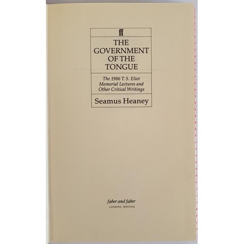 528 - The Government of the Tongue, S Heaney,1986,Faber & Faber, HB/DJ, First, T S Elliott Memorial Le... 