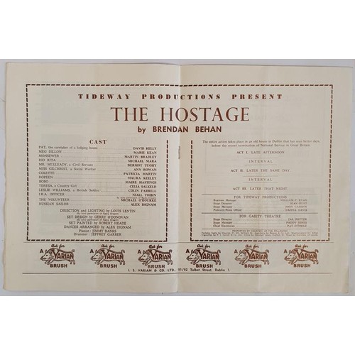 176 - THE HOSTAGE - BRENDAN BEHAN, - Programme from 1964 which was the first Irish production of 'The Host... 