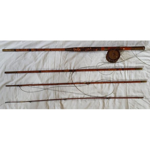 172 - A Vintage Bamboo 4 Piece Fishing Rod c.12ft (tip broken), fitted with a Period Brass and Mahogany Fi... 