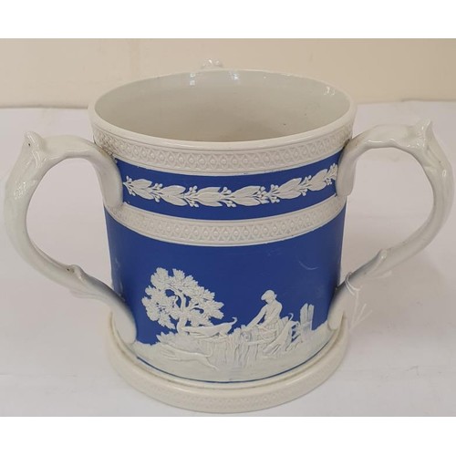 339 - Copeland Spode Three Handle Loving Cup, with jasperware decoration and three hunting scene panels, l... 