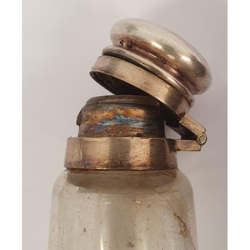 349 - 19th Century Saddle Flask with silver plated collar, tapering glass and leather case