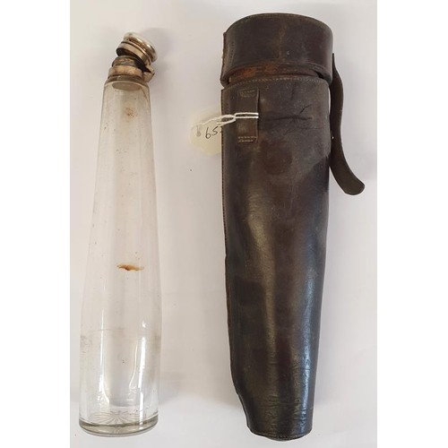 349 - 19th Century Saddle Flask with silver plated collar, tapering glass and leather case