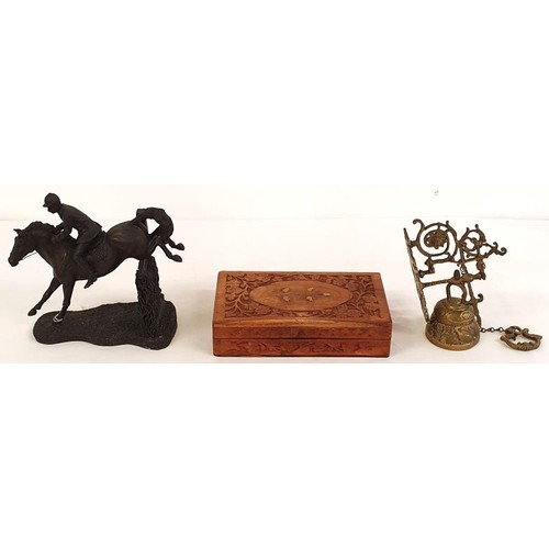 354 - Heredities Figure Of a Show Jumper, c.22cm tall; a cast brass wall bell and a carved hardwood trinke... 