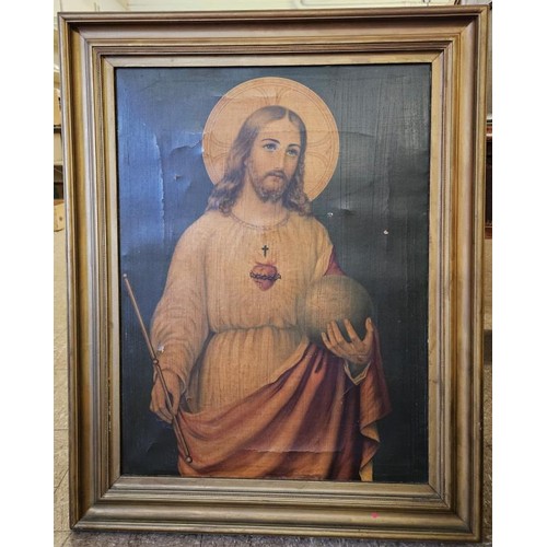 413 - Large Oil on Canvas - Sacred Heart within a gilt frame, c.28in x 35.5in. Label verso M H Gill, Dubli... 