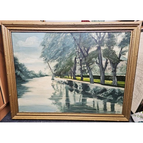 415 - P J Coughlan CSSP Original Oil on Canvas Landscape of Trees by a River Side, c.37in wide, 28.5in tal... 