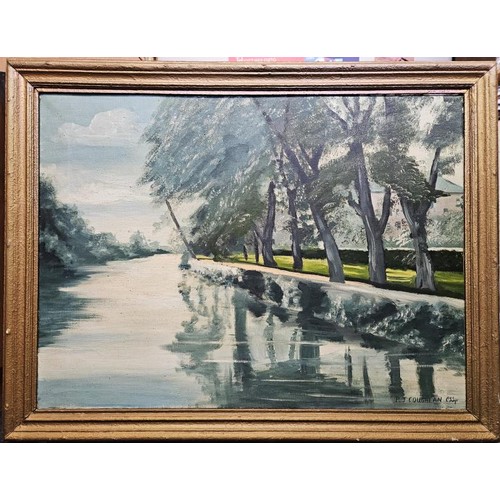 415 - P J Coughlan CSSP Original Oil on Canvas Landscape of Trees by a River Side, c.37in wide, 28.5in tal... 