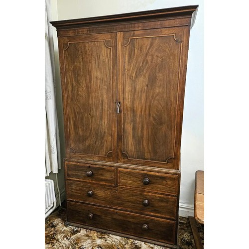 436 - Georgian Mahogany Linen Press, the top with a pair of doors enclosing fitted sliding shelves above a... 