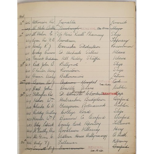 776 - Irish Library Manuscript Books: Such as List of Borrowers Names and addresses from C L S for 1923; B... 