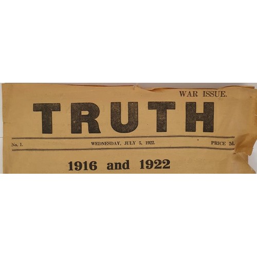 414 - TRUTH No. 1, Wednesday, July 5, 1922, War Issue newspaper, 4pp with front page heading 1916 and 1922