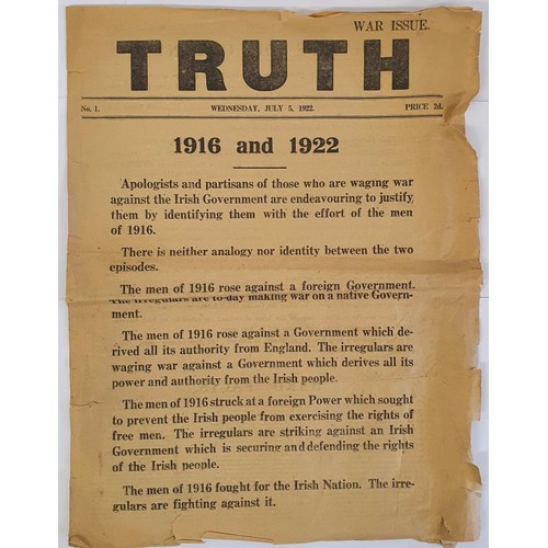 414 - TRUTH No. 1, Wednesday, July 5, 1922, War Issue newspaper, 4pp with front page heading 1916 and 1922