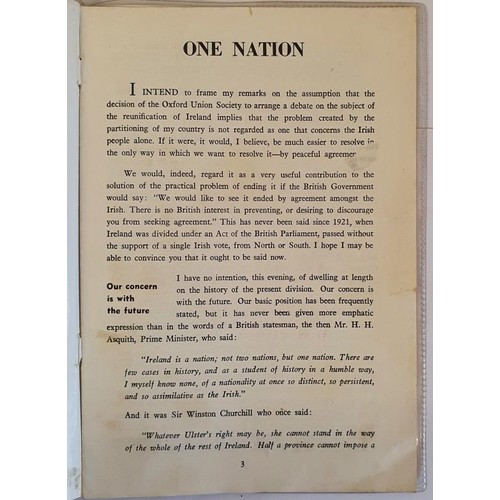 446 - One Nation. Speech delivered by An Taoiseach, Mr. Sean Lemass T.D., at Oxford Union, October 15, 195... 