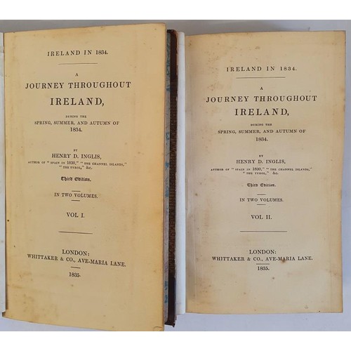 194 - Henry D. Inglis. A Journey Throughout Ireland. Dublin. 1834. 2 volumes. Folding maps. Contemporary h... 