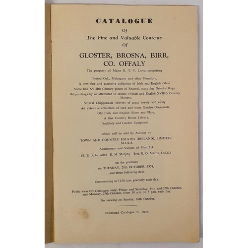 76 - Catalogue of contents of Gloster (Brosna, Birr), property of Major E. T. Lloyd re sale on the 26th O... 