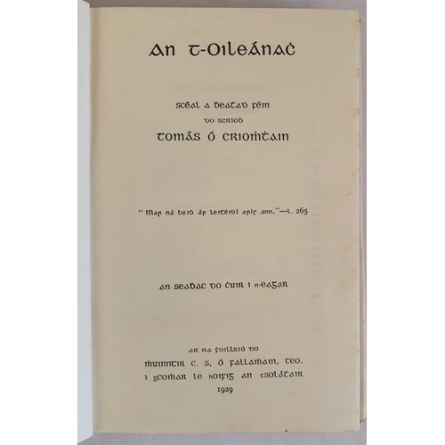 259 - An t-Oileánac by Tomás Ó Criomtain. 1929. Original pictorial dust jacket over o... 