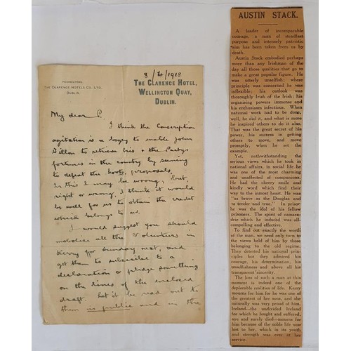 361 - Austin Stack: Manuscript Letter dated 8/4/1918 on headed note paper of The Clarence Hotel in which h... 