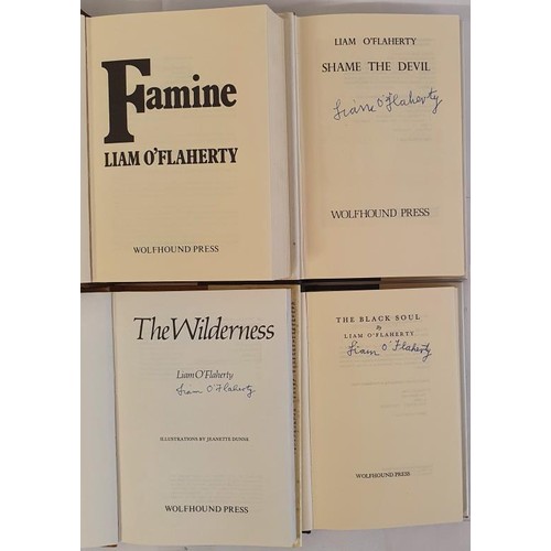 529 - [4 books signed by Liam O’Flaherty]. Famine; The Black Soul; Shame the Devil and The Wildernes... 