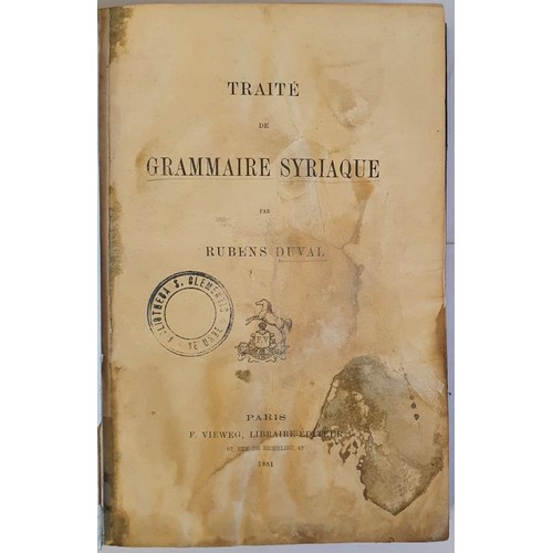 402 - Duval, Rubens. Traite De Grammaire Syriaque. Paris: F. Vieweg 1881. Ex-libris. Half calf. Gilt title... 