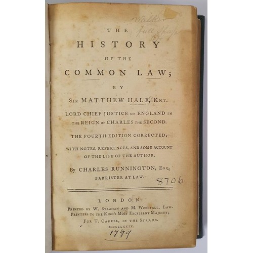 417 - Hale, History of the Common Law, London, 1779, and a collection of other legal works bond in later b... 