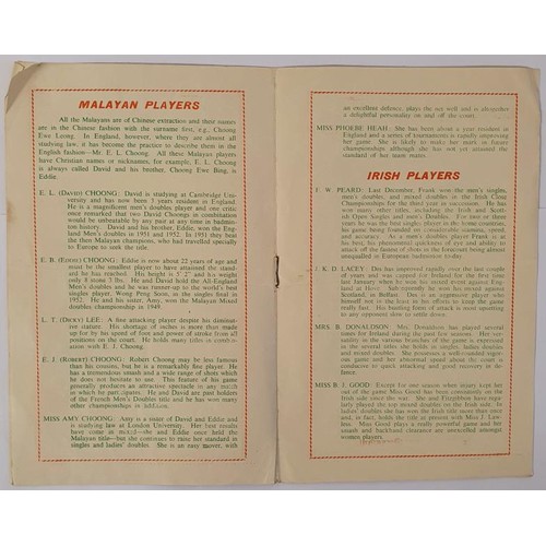 95 - Badminton Union of Ireland: International Exhibition Souvenir Programme Malayan and Irish Players Oc... 