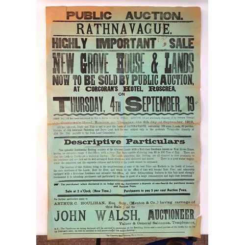 151 - Large Public Auction Poster 1919 for sale of House and 120 acres of land in Rathnavague, Dunkerrin; ... 